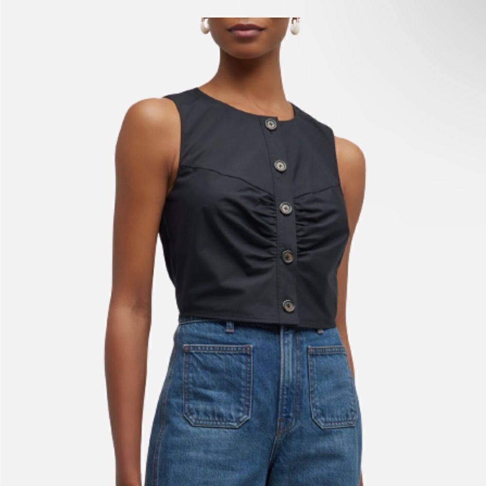 Veronica Beard Black Sleeveless Crop Button-Front Top